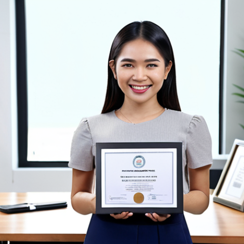 ** Confident Thai product designer standing in a modern office, smiling, holding her product design certificate. Background shows collaborative teamwork on innovative product ideas. Symbolizes career transformation and new opportunities.

**