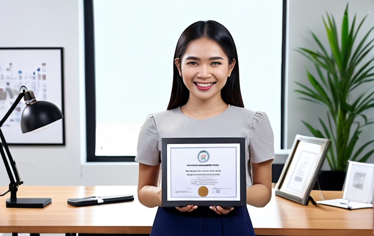 ** Confident Thai product designer standing in a modern office, smiling, holding her product design certificate. Background shows collaborative teamwork on innovative product ideas. Symbolizes career transformation and new opportunities.

**