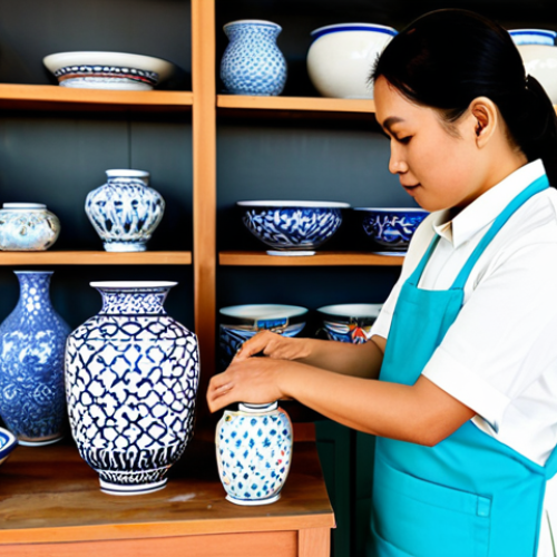 **

A Thai artisan in a brightly lit workshop, fully clothed in modest, traditional clothing, meticulously crafting a modern ceramic vase inspired by Benjarong patterns. The background features shelves filled with colorful ceramics and design sketches. Perfect anatomy, correct proportions, natural pose, well-formed hands, proper finger count, natural body proportions, professional, family-friendly, appropriate content, safe for work.

**