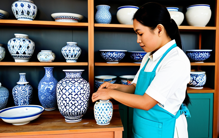 **

A Thai artisan in a brightly lit workshop, fully clothed in modest, traditional clothing, meticulously crafting a modern ceramic vase inspired by Benjarong patterns. The background features shelves filled with colorful ceramics and design sketches. Perfect anatomy, correct proportions, natural pose, well-formed hands, proper finger count, natural body proportions, professional, family-friendly, appropriate content, safe for work.

**