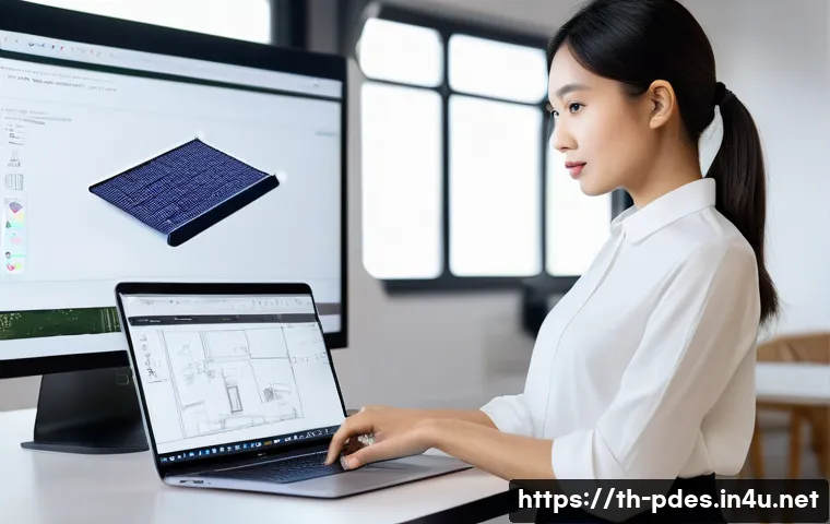 제품디자인 자격증과 프로젝트 관리 능력 - **Prompt:** A focused and confident young female product designer, dressed in smart casual attire (e...
