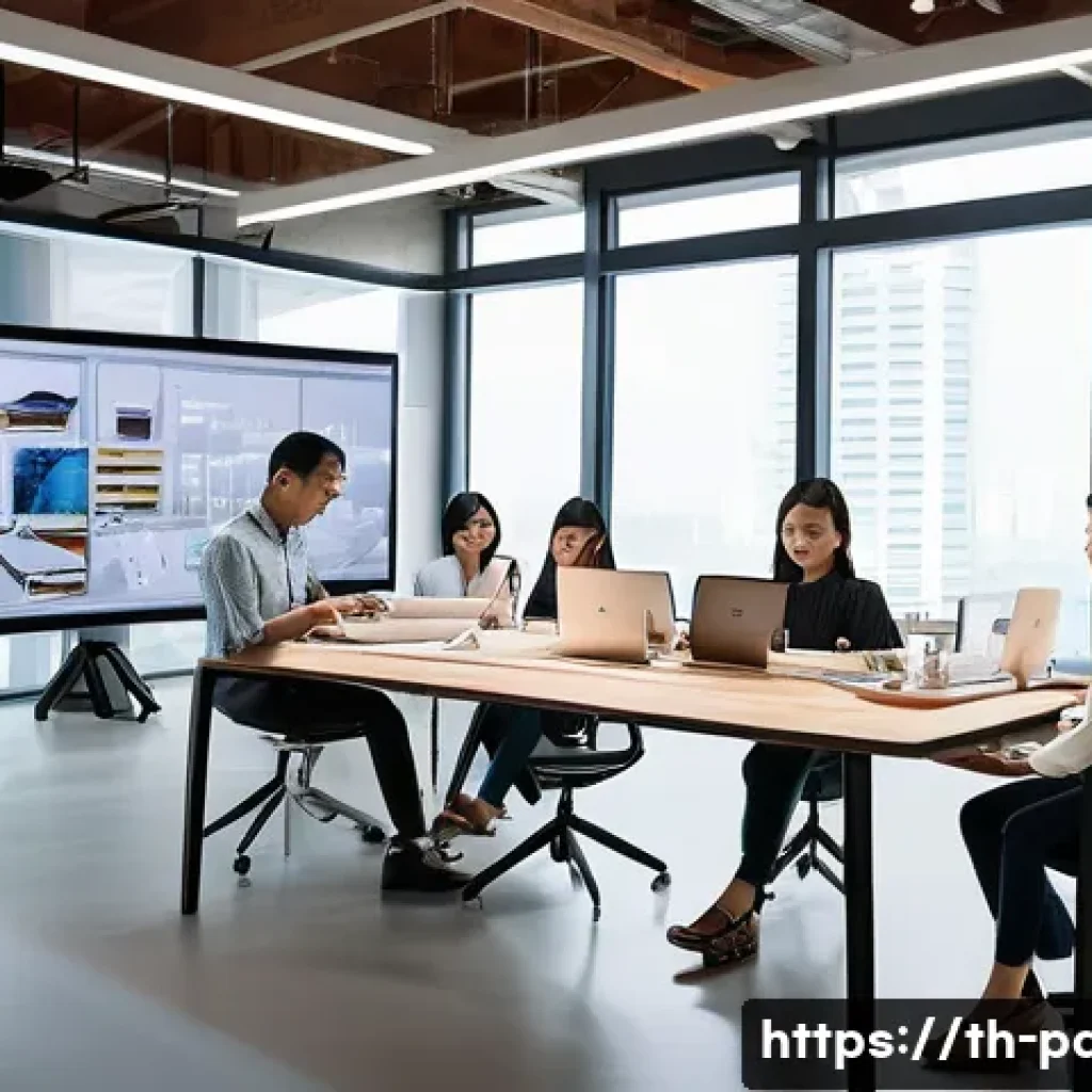 제품디자인 자격증 소지자의 커리어패스 - A vibrant, high-energy scene featuring a diverse team of young Thai product designers (men and women...