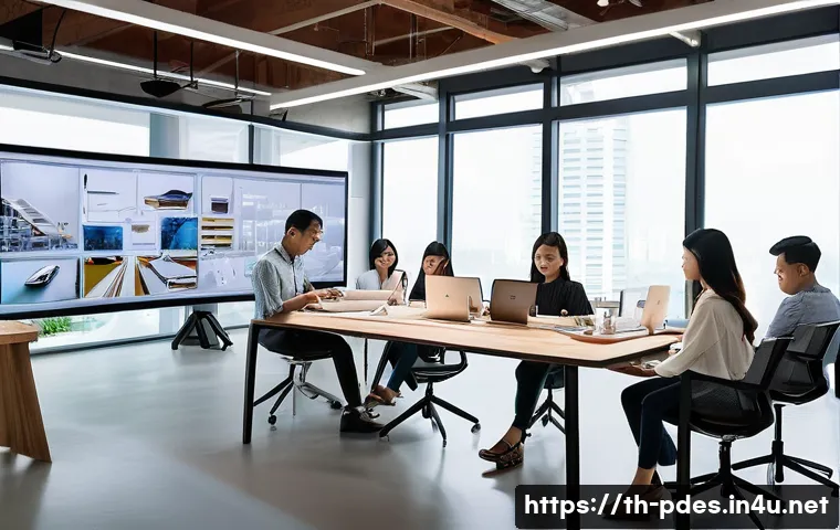 제품디자인 자격증 소지자의 커리어패스 - A vibrant, high-energy scene featuring a diverse team of young Thai product designers (men and women...