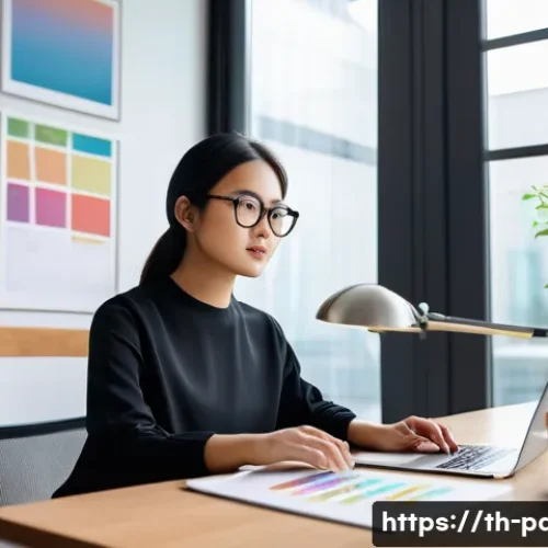 제품디자인 자격증과 관련된 인턴십 - A young professional Asian woman intern wearing business casual attire and glasses, sitting at a mod...