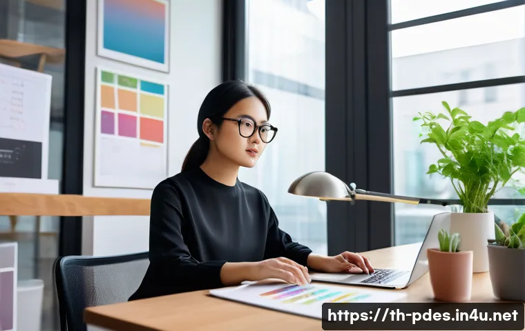 제품디자인 자격증과 관련된 인턴십 - A young professional Asian woman intern wearing business casual attire and glasses, sitting at a mod...