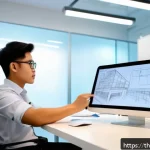 제품디자인 자격증 취득 시 유리한 학력 - A professional young Thai man in a modern office environment, dressed in smart casual attire, focuse...