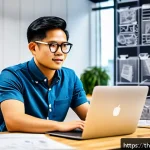 제품디자인 자격증 취득 후 경력 관리 - A professional Thai product designer in a modern co-working space, surrounded by sketches, CAD softw...